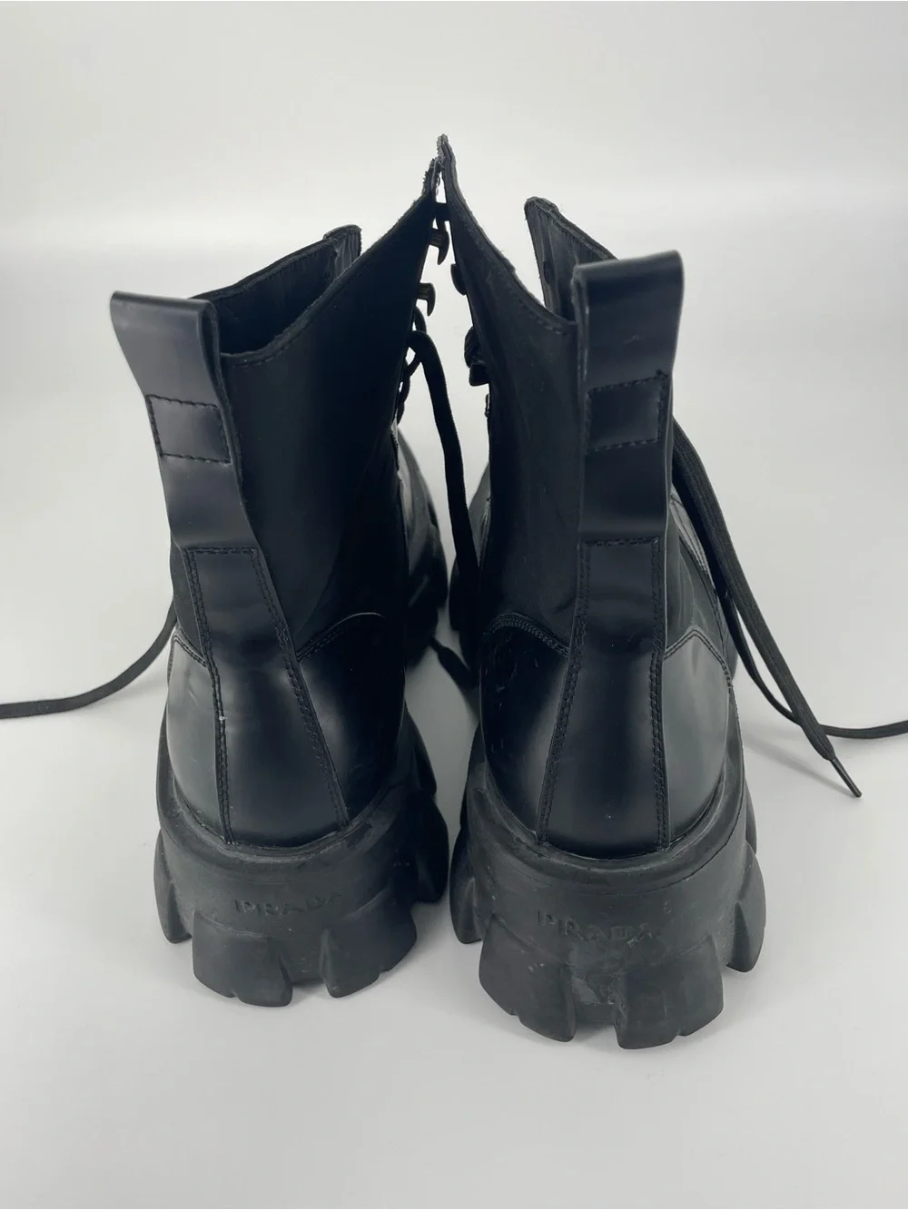 Prada Monolith Leather & Re-Nylon Combat Boots — Size 10.5